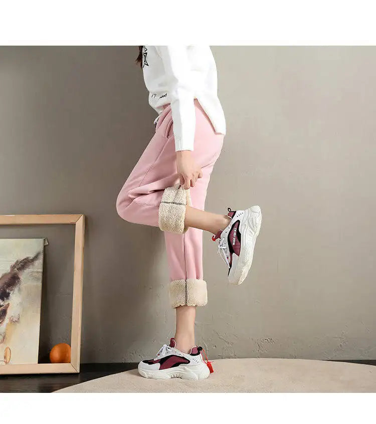 Women's Fleece Lined Joggers Winter Plush Pants High Waist Adjustable Drawstring Lounge Street Comfortable Casual Trousers