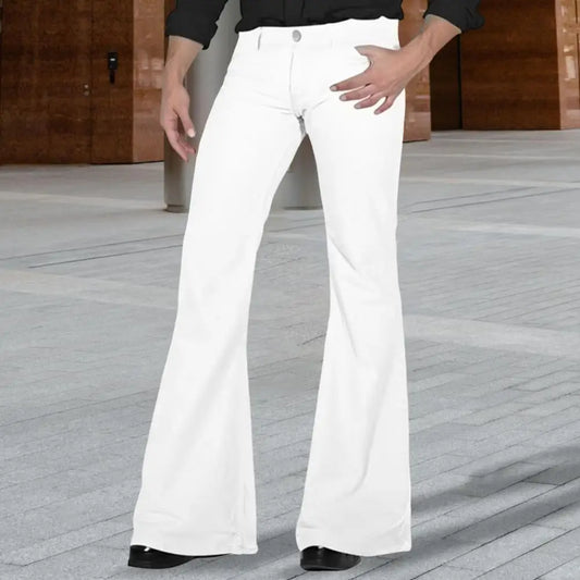 Fashion Men's Retro Flare Pants Solid Color Mid-Rise Trousers Casual Classic 70s Men Bell Bottom Zipper Fly Long Trousers