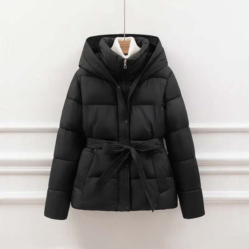 2025 New Winter Jacket Women Warm Parkas Long Sleeve Tops Casual Cotton Padded Jackets Belt Black Brown Hooded Outerwear Female