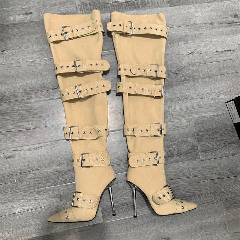 Blue Denim Metal Rivet Buckle Silvery Over Knee Boots Women Sexy Punk Style Silver Belt Buckle 12cm High Heel Sandals Size 34-43