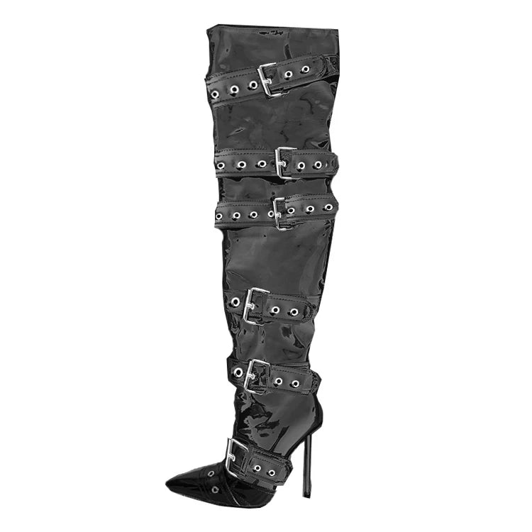 Blue Denim Metal Rivet Buckle Silvery Over Knee Boots Women Sexy Punk Style Silver Belt Buckle 12cm High Heel Sandals Size 34-43