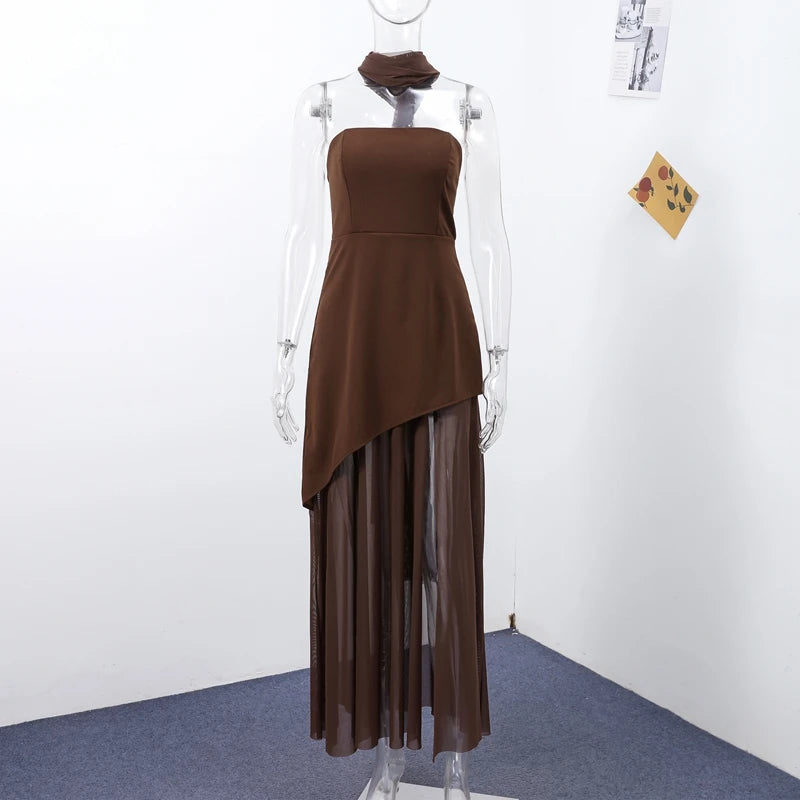 Elegant Strapless Long Dress Women Sexy Patchwork Mesh Sleeveless Sacrf Vestidos Female 2025 Spring Split Evening Dresses Lady