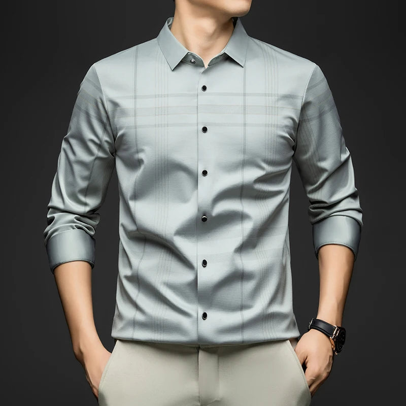 BROWON Formal Shirt Men 2025 Autumn New Long Sleeve Male Shirt Fashion Business Mulberry Silk Striped Shirts for Man Wear