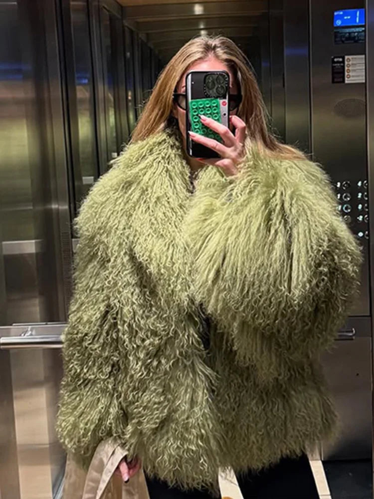 Fashion Solid Plush Faux Fur Coat Women Elegant Warm Long Sleeves Loose Jacket 2025 Lady Winter Chic High Street Outerwear ﻿