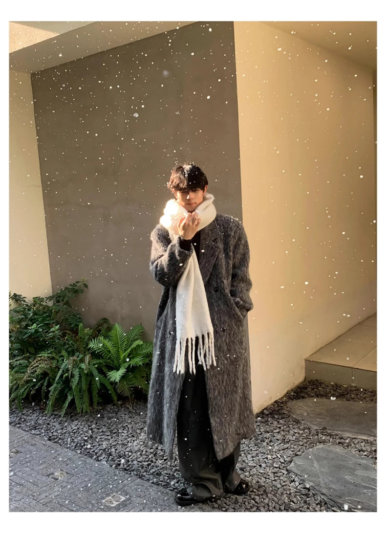 Mauroicardi Autumn Winter Oversized Long Thicken Warm Grey Woolen Coat Men Shoulder Pads Double Breasted Wool & Blends Overcoat