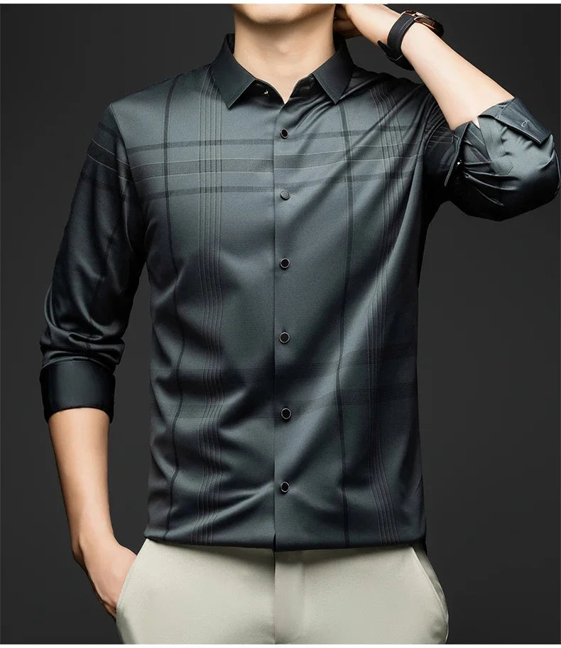 BROWON Formal Shirt Men 2025 Autumn New Long Sleeve Male Shirt Fashion Business Mulberry Silk Striped Shirts for Man Wear