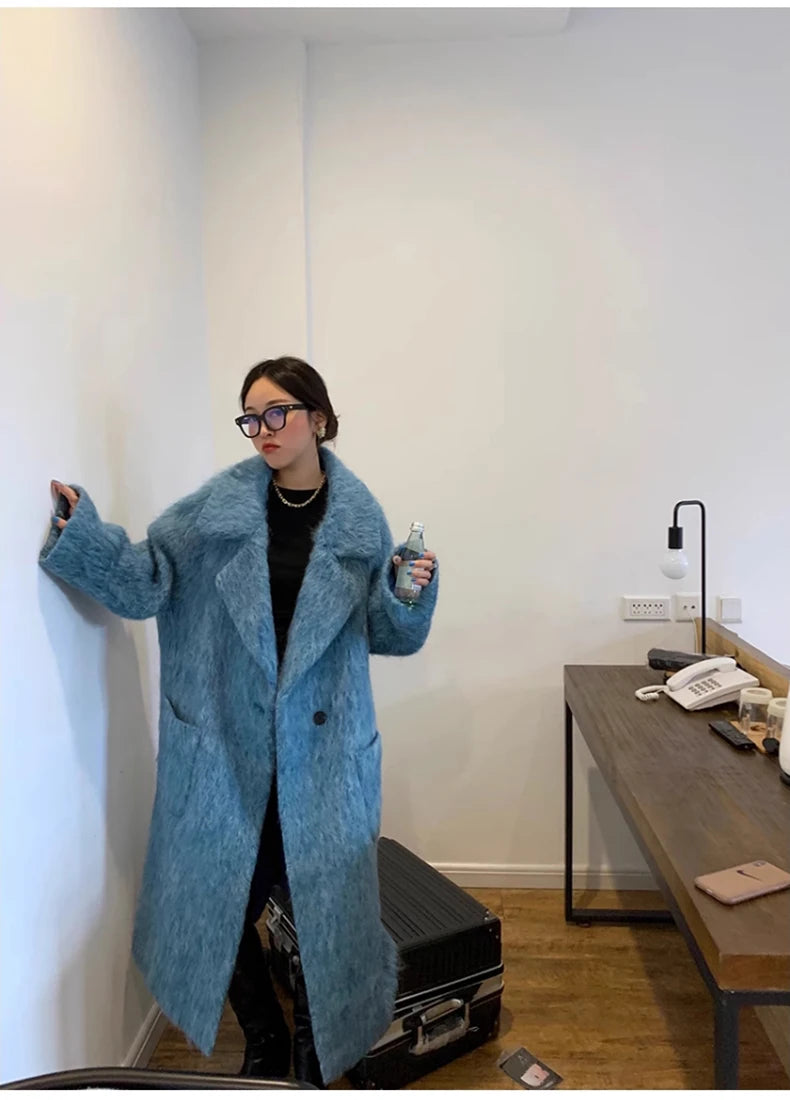 Lautaro Winter Long Blue Fluffy Oversized Warm Wool & blends Coat for Women Single Button Pockets Luxury Clothes Woolen Overcoat