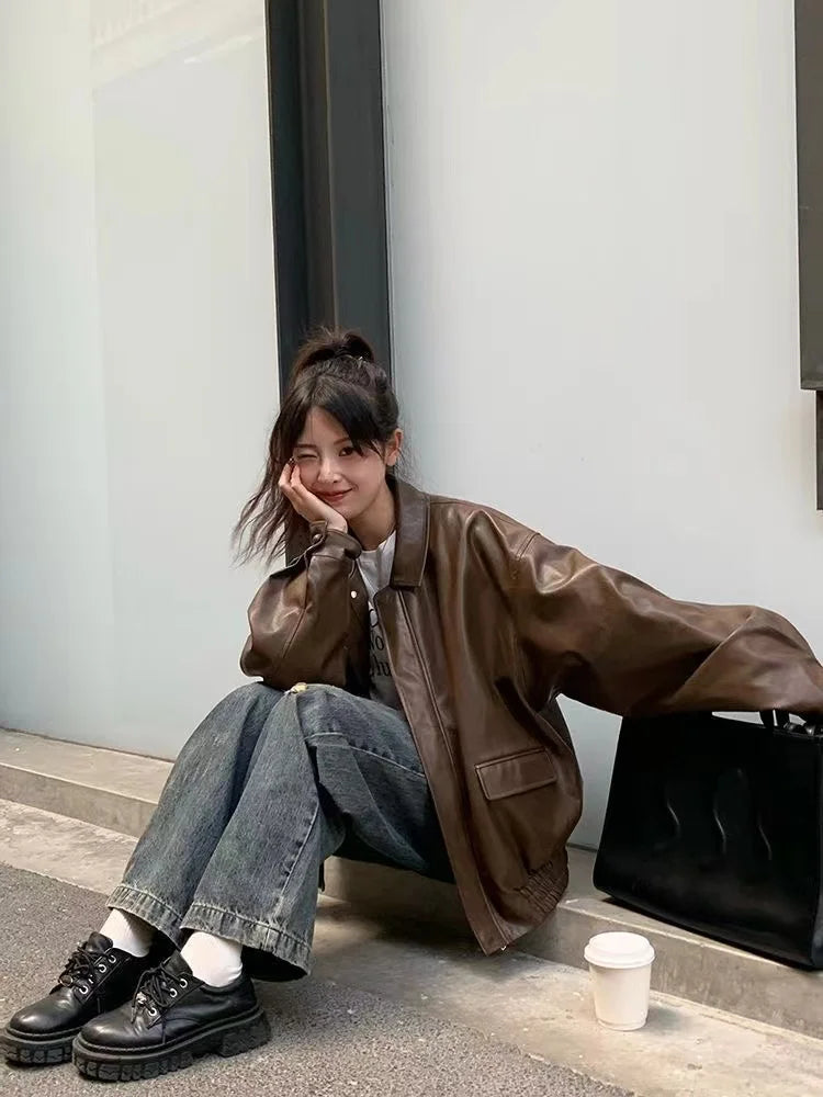 Vintage PU Leather Jacket Women High Street Techwear Oversized Moto Biker Coats BF Punk Loose Casual Cropped Outerwear