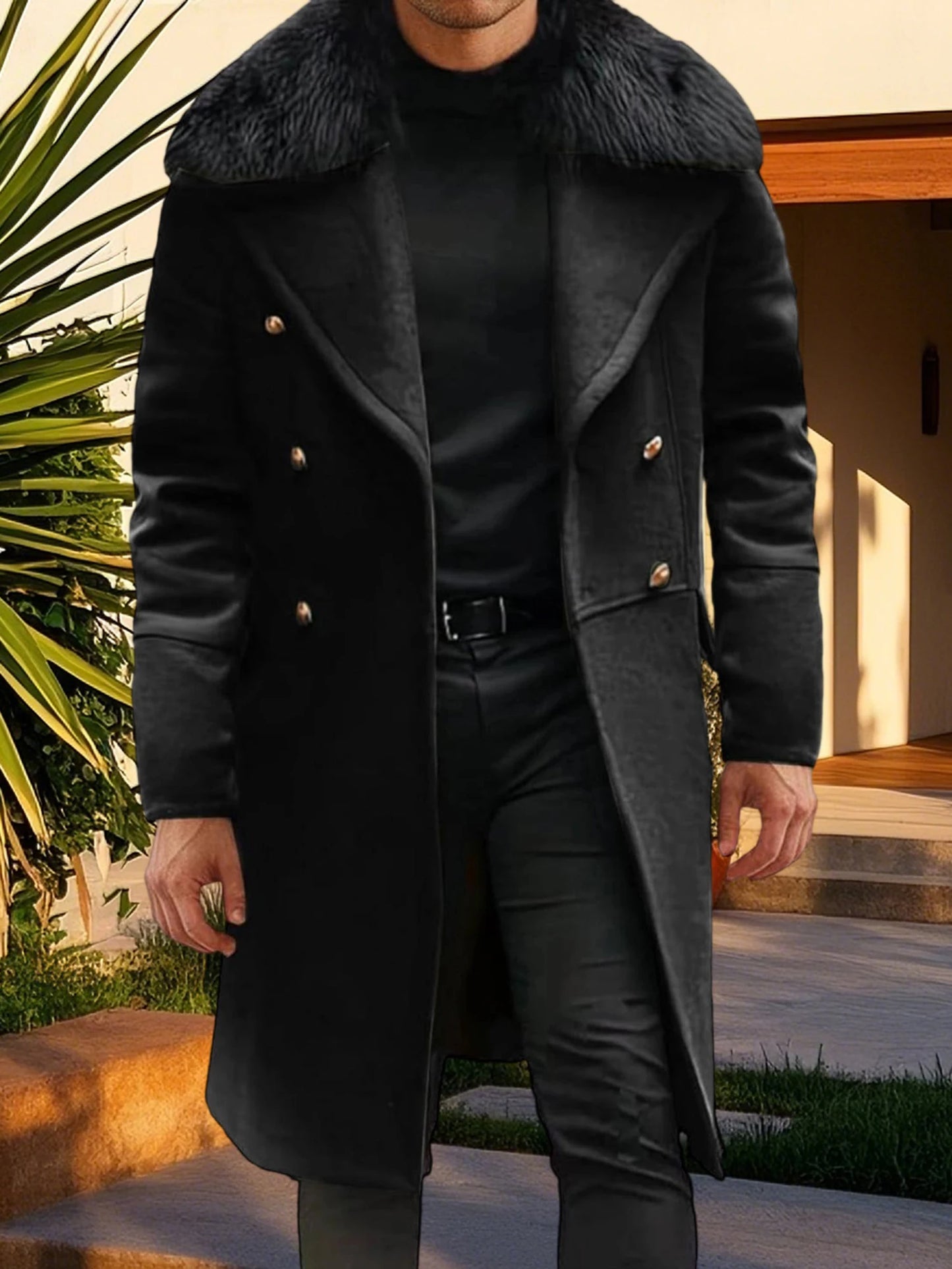 Men s Classic Double Breasted Trench Coat with Removable Fur Collar Mid-Length Wool Blend Overcoat for Winter Warmth