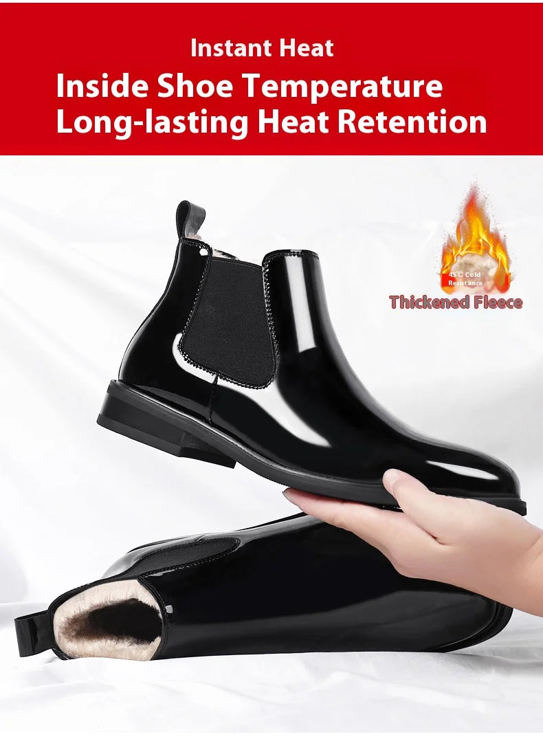 Height Increase Men's Shiny Leather Boots Pointed Formal Elevator Shoes Office Business Snow Boots Chelsea Winter Cotton Boots