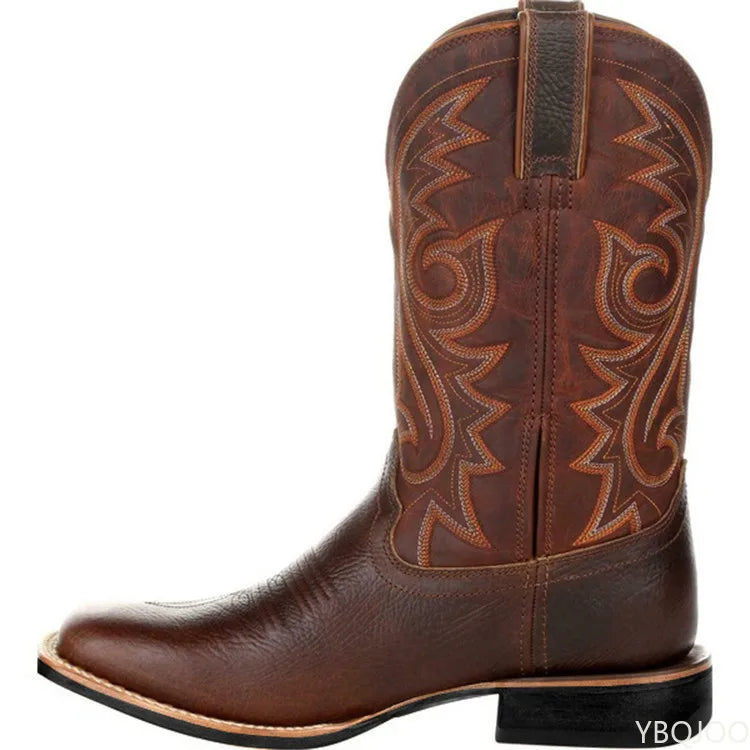 Men Boots Mid Calf Western Cowboy Motorcycle Boots Male Autumn Outdoor PU Leather Totem Med-Calf Boots Retro Designed Men Shoes