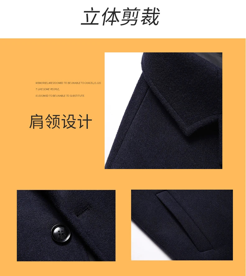 Winter Autumn Men's Timeless Woolen Overcoat Grey Navy Black Burgundy Notched Collar Design Cashmere Coat Plus Size Menswear