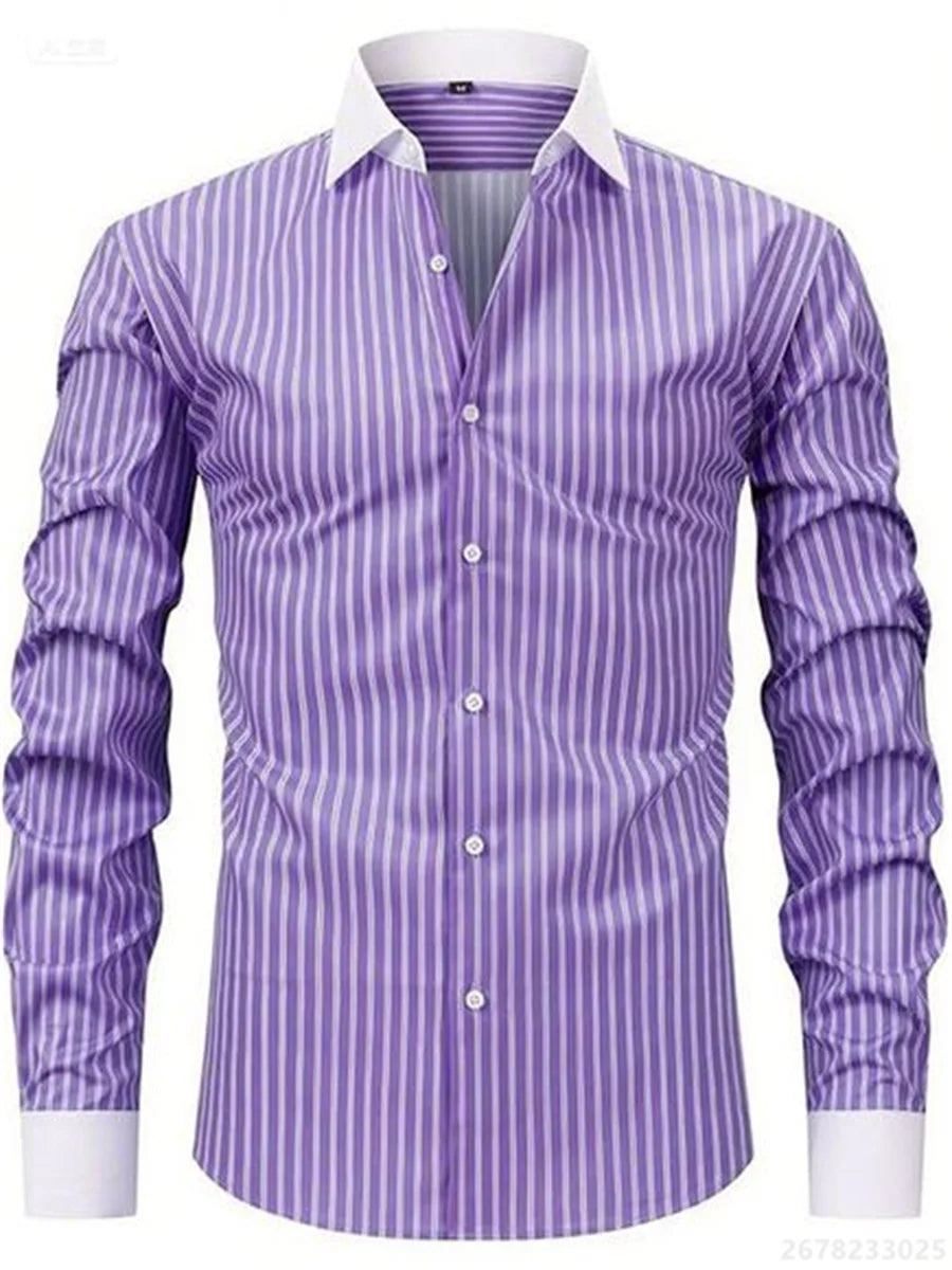 Men's shirts, long-sleeved lapel business formal button-down shirts, men's striped shirts, high-quality men's tops XS-6XL