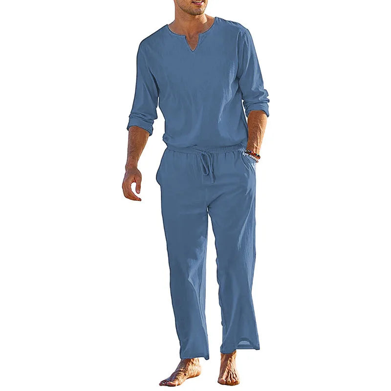 Men s Summer Cotton Linen Clothes Solid Color Long Sleeve Henley Shirt Elastic Waist Drawstring Pants 2 Pieces Loungewear Set