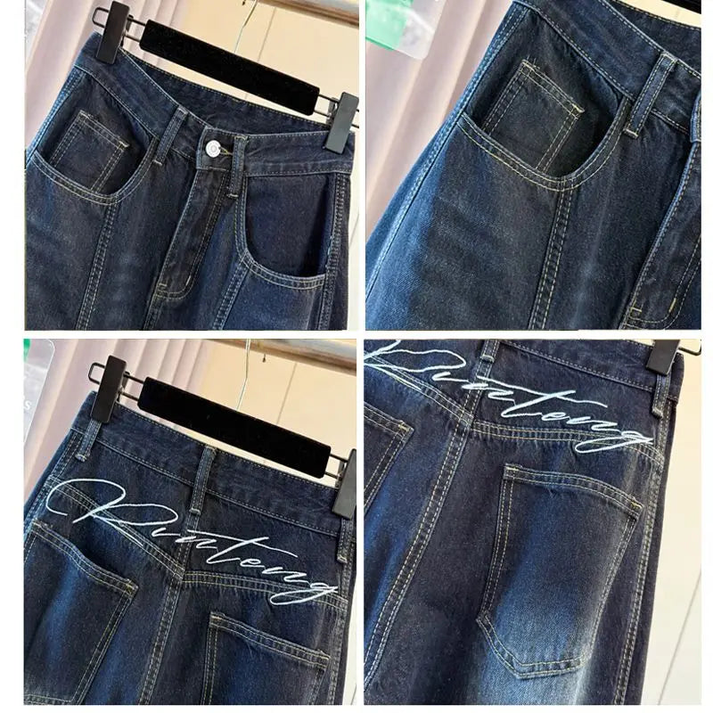 Y2K Fashion Letter Embroidery Jeans Vintage Dark Blue Baggy Pants Women Clothing New Rock Wide Leg Lady Denim Trousers