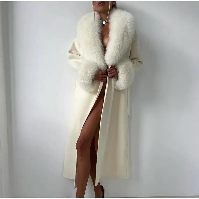 Retro Black Fur Patchwork Woolen Coat Women Chic Full Sleeve V-neck Lace Up Loose Long Overcoat 2025 Lady Winter Commute Outwear