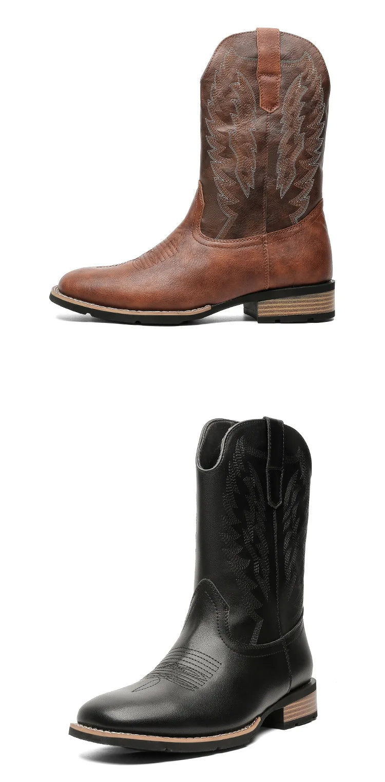 Vintage Embroidery Men's Cowboy Boots High Top Motorcycle Boots Men Shoes Fashion Square Toe Warm Boots