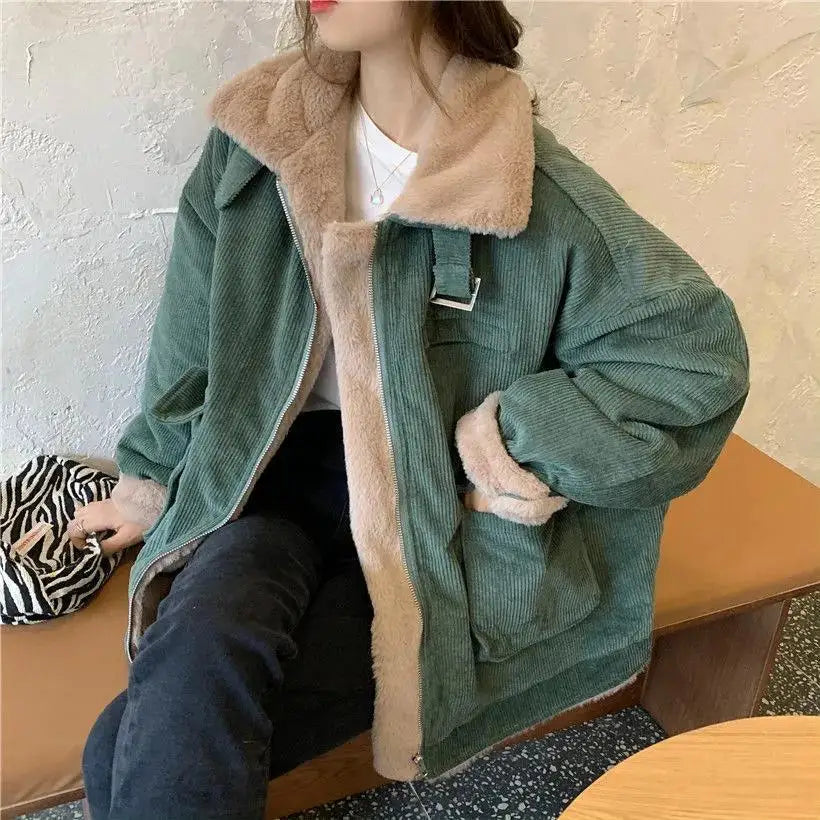Women's Autumn Winter Casual Parkas Versatile Loose Short Thickened Warm Corduroy Cotton Clothes Trend Lamb Wool Tooling Jacket