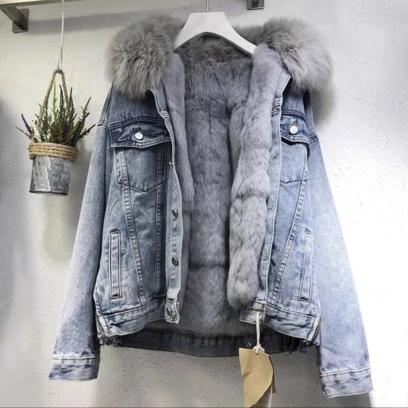 Winter Denim Jacket Hooded Coat Women Removable Fur Collar Fleece Lined Jeans Jacket Warm