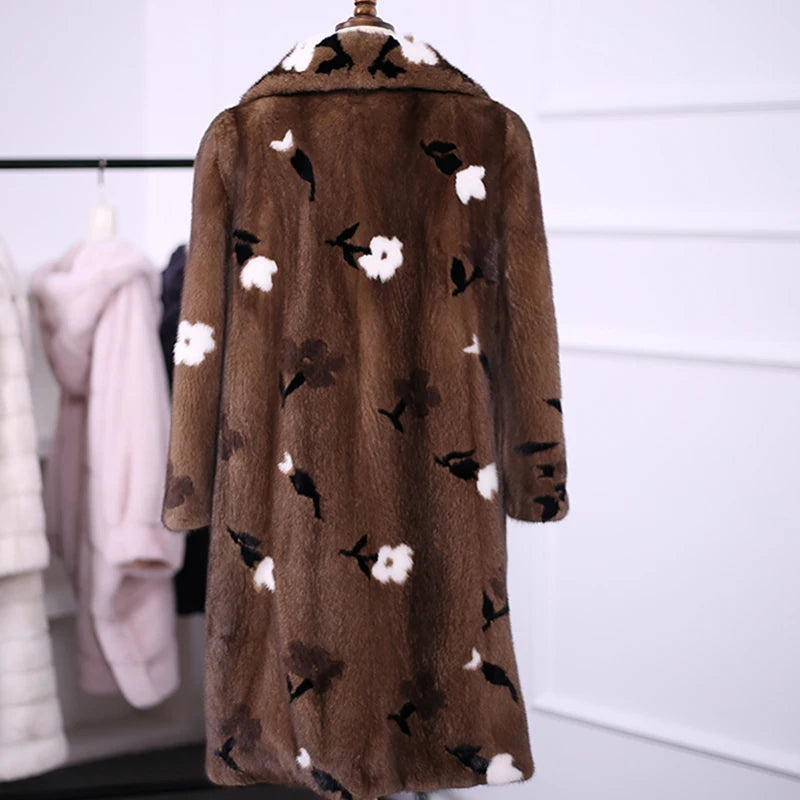 Ftangaiur New Winter Import Velvet Mink Fur Coat Long Sleeve Women Turn-Down Collar Pure Color Medium Natural Mink Fur Coats
