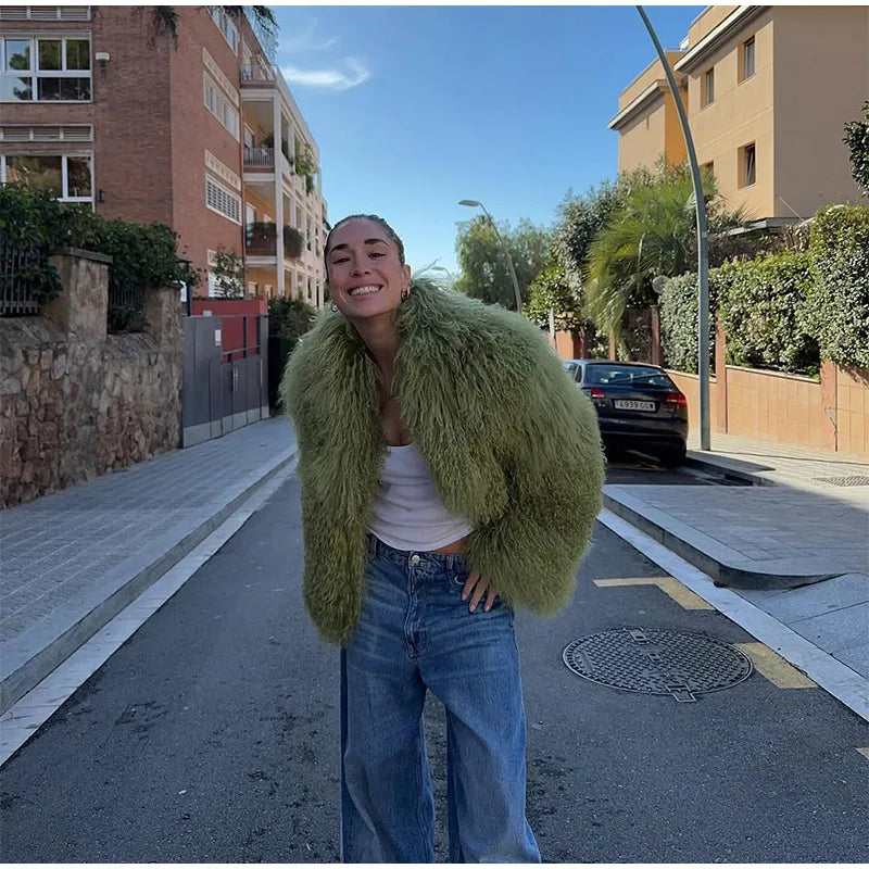 Fashion Solid Plush Faux Fur Coat Women Elegant Warm Long Sleeves Loose Jacket 2025 Lady Winter Chic High Street Outerwear ﻿