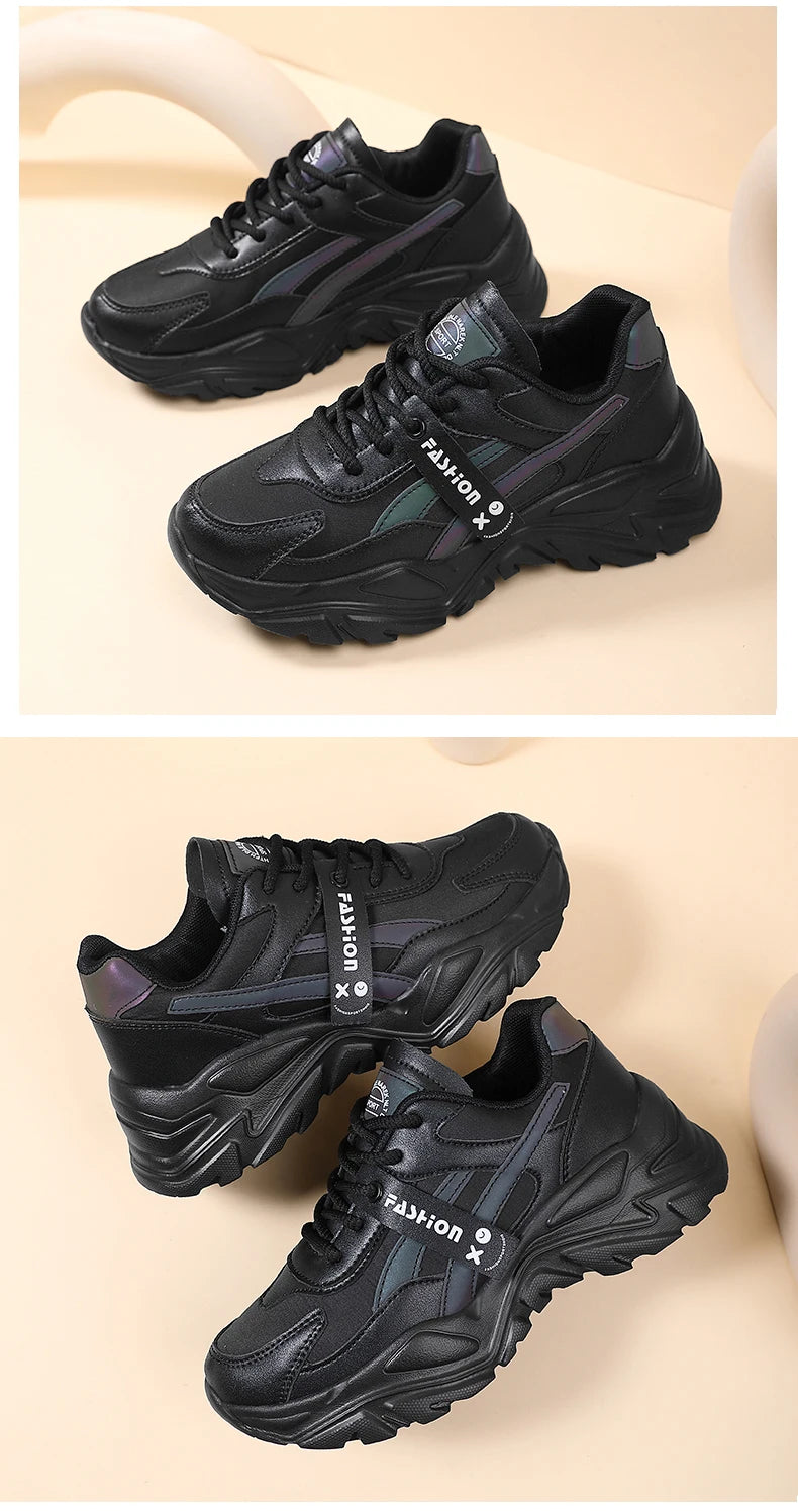 Casual Leather Sneakers for Women Autumn Winter Comfortable Walking Shoes Fashion Patchwork Thick Bottom Sports Shoes Female