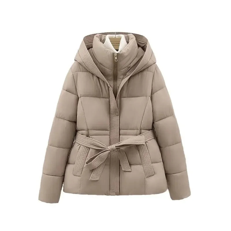2025 New Winter Jacket Women Warm Parkas Long Sleeve Tops Casual Cotton Padded Jackets Belt Black Brown Hooded Outerwear Female