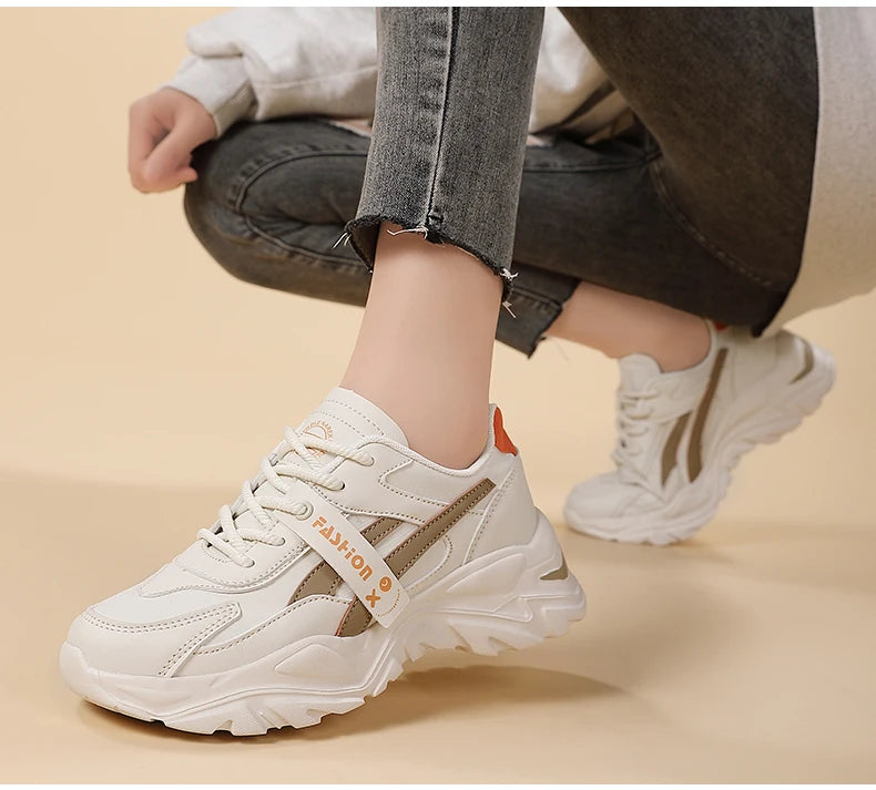 Casual Leather Sneakers for Women Autumn Winter Comfortable Walking Shoes Fashion Patchwork Thick Bottom Sports Shoes Female