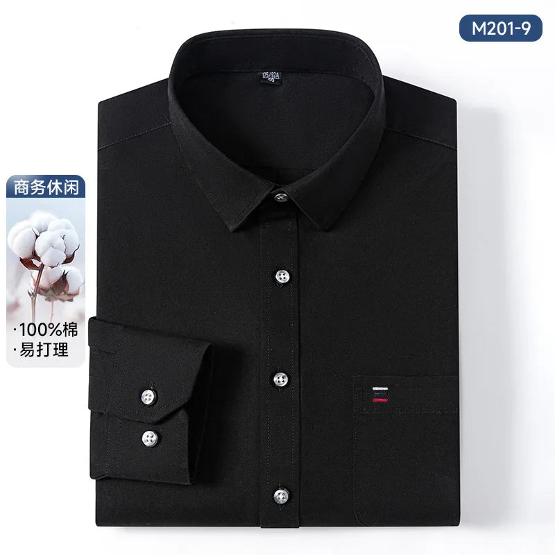7XL Solid Color 100 Cotton Long Sleeve Shirt Men Business Casual White Shirt Black Blue Men Shirt Long Sleeve Slim Fit Pocket