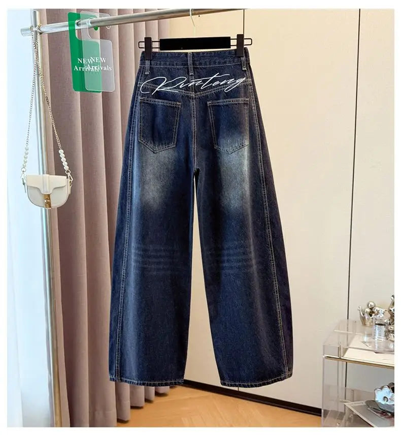 Y2K Fashion Letter Embroidery Jeans Vintage Dark Blue Baggy Pants Women Clothing New Rock Wide Leg Lady Denim Trousers