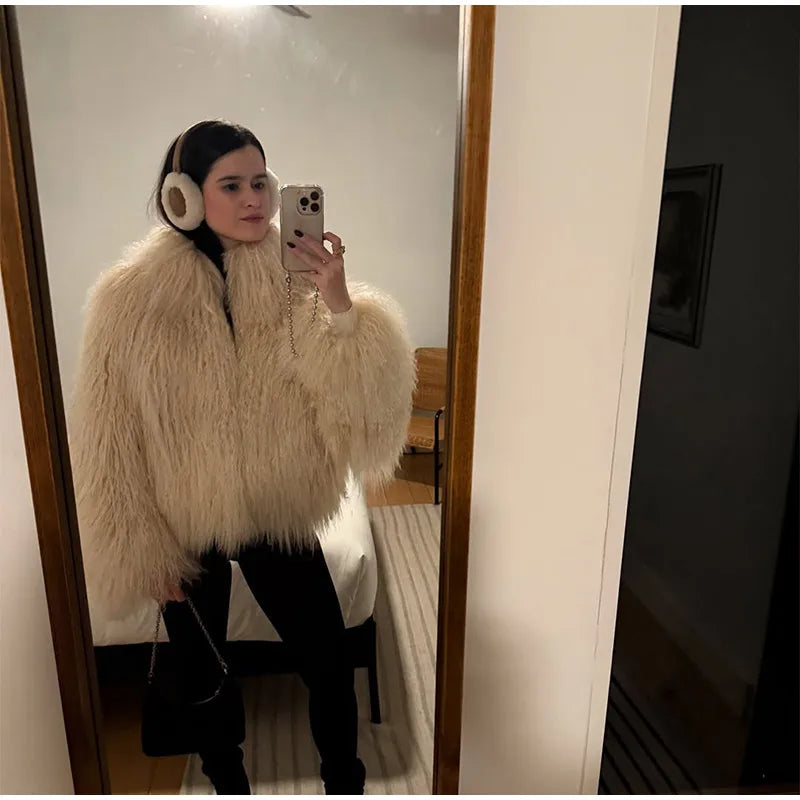 Fashion Solid Plush Faux Fur Coat Women Elegant Warm Long Sleeves Loose Jacket 2025 Lady Winter Chic High Street Outerwear ﻿