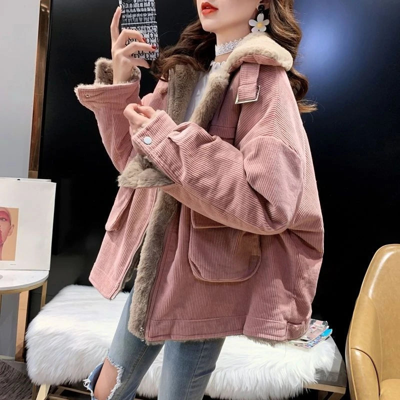 Women's Autumn Winter Casual Parkas Versatile Loose Short Thickened Warm Corduroy Cotton Clothes Trend Lamb Wool Tooling Jacket