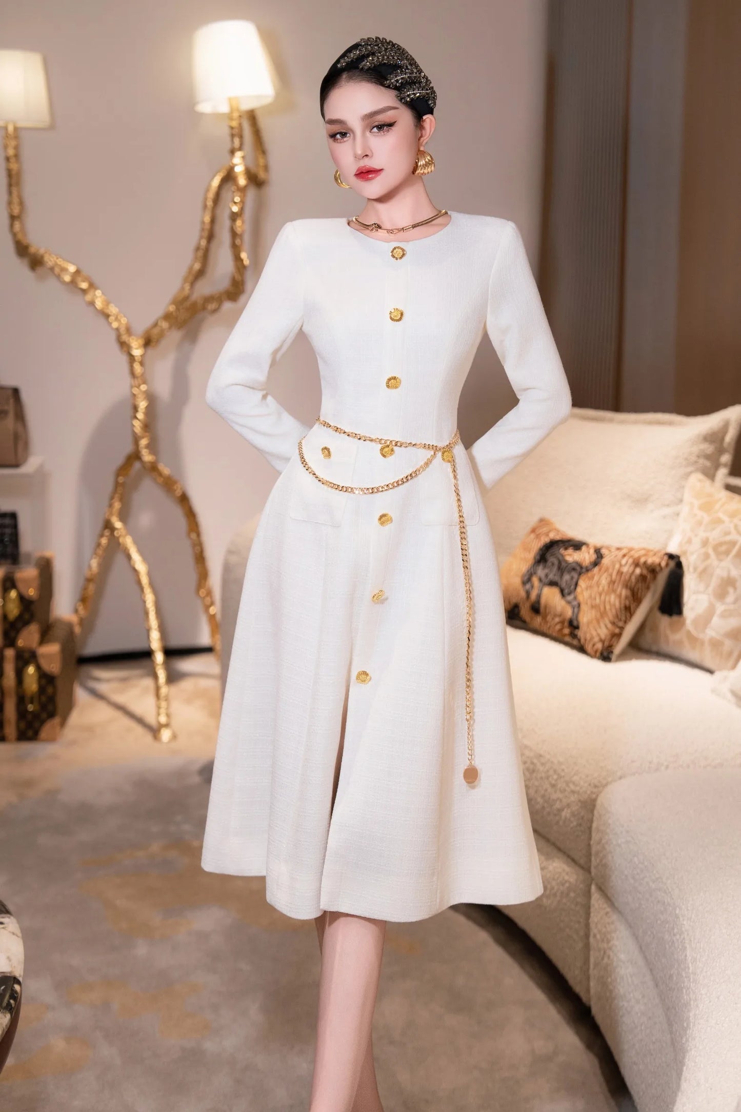 ZJYT New Arrivals Autumn Dresses for Women 2025 Elegant Designer Long Sleeve Single Breasted Party Yellow Dress with Belt