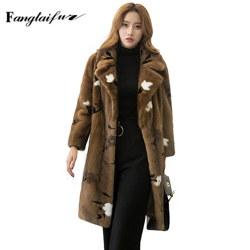 Ftangaiur New Winter Import Velvet Mink Fur Coat Long Sleeve Women Turn-Down Collar Pure Color Medium Natural Mink Fur Coats