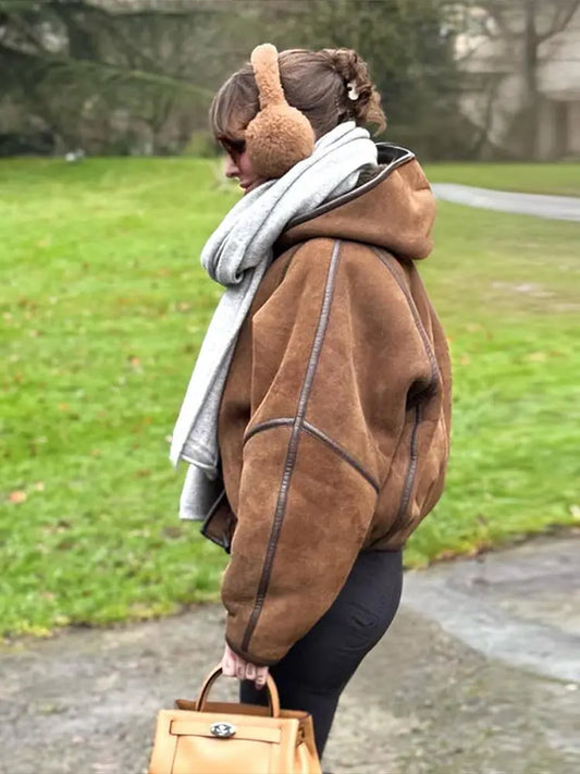 Hooded Patchwork Leather Jacket Woman Solid Color Long Sleeves Loose Single Breasted Coat Casual Street Women's New Warm Jackets