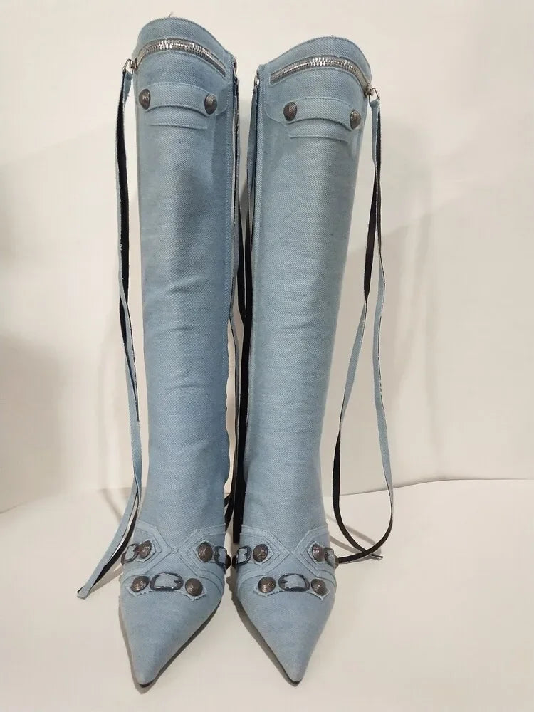 New 2024 Brand Design Knee High Boots Fashion Rivet Pointed Thin Heel Women's Boots 34-43 Fashion Hot Girls Denim Model Boots