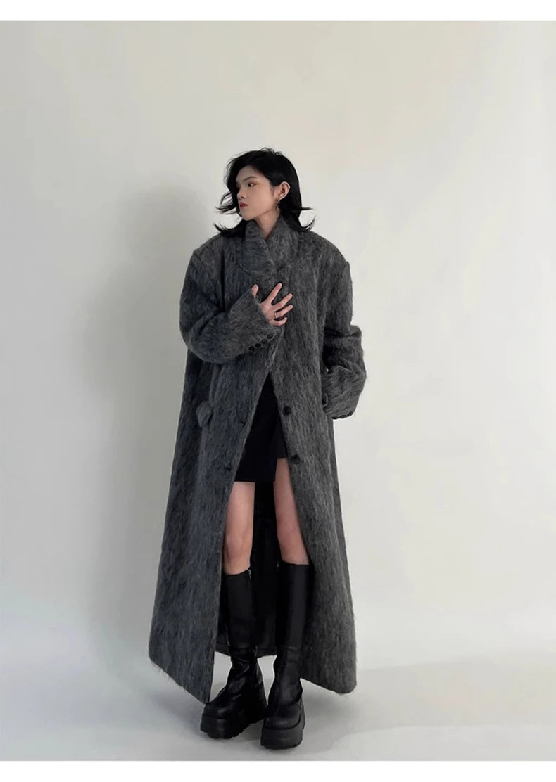Lautaro Autumn Winter Clothes Women Oversized Extra Long Casual Warm Grey Wool & Blends Coat Women Maxi Fluffy Woolen Overcoat