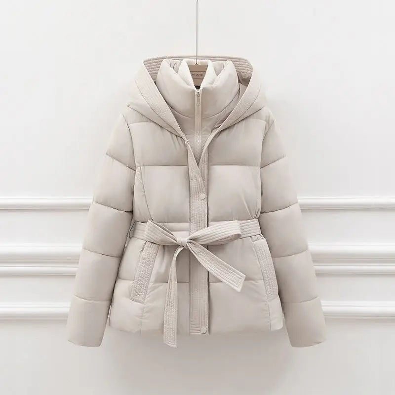 2025 New Winter Jacket Women Warm Parkas Long Sleeve Tops Casual Cotton Padded Jackets Belt Black Brown Hooded Outerwear Female