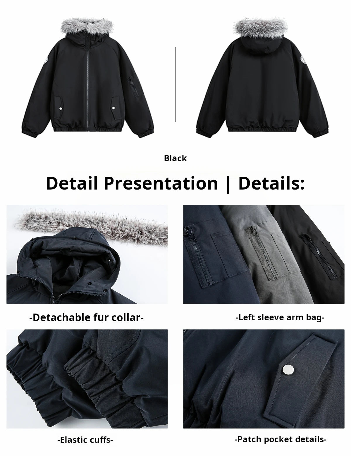 HANGRY 2025 Men's Detachable Fur Hood Parka Short Box Quilted Jacket Water-Resistant Workwear Winter Coat Thermal Insulated