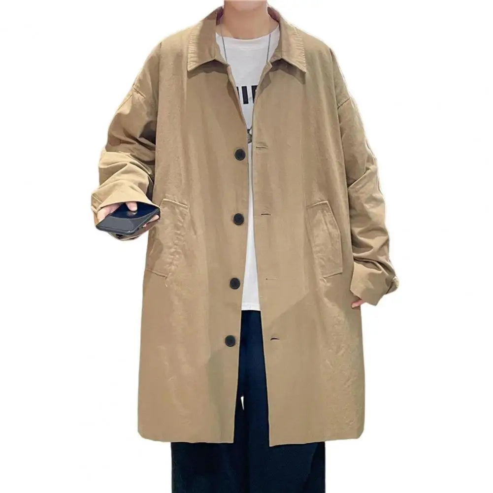 Men's British Style Long Jacket Single-breasted Lapel Long Sleeve Outdoor Casual High Street Male Coat Midi Outwear Mid-length