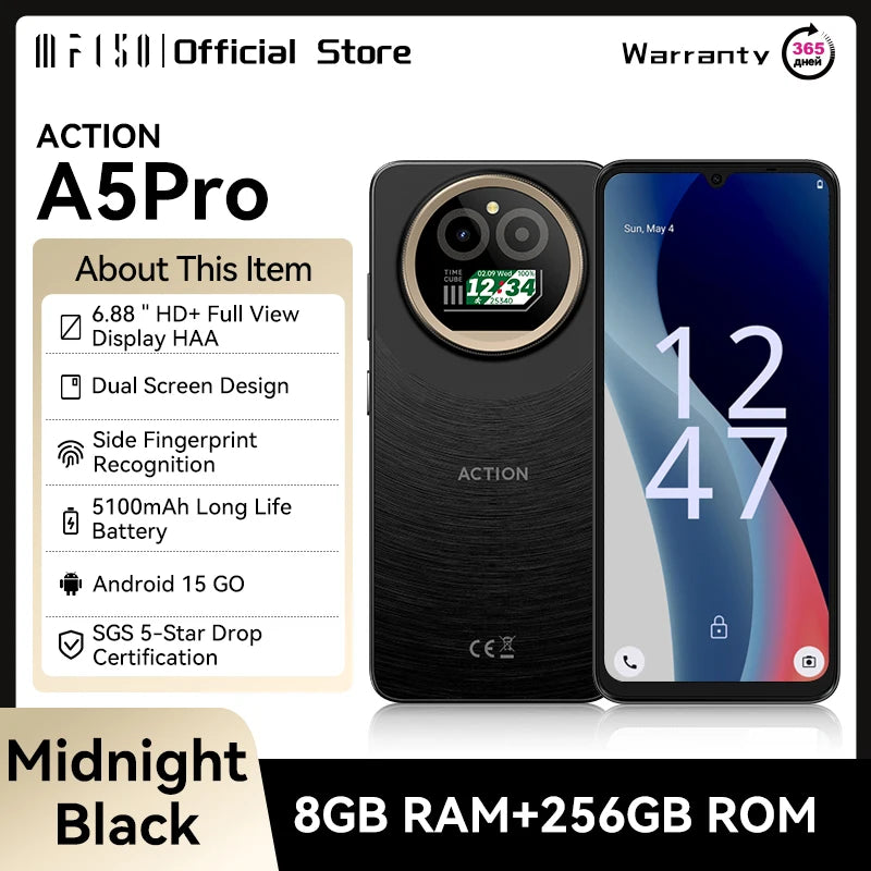 IIIF150 Action A5Pro Phone Android 15 Smartphone 8GB RAM 256GB ROM 6.8inch HD+ HAA Display Dual Screen Design 5100mAh Battery