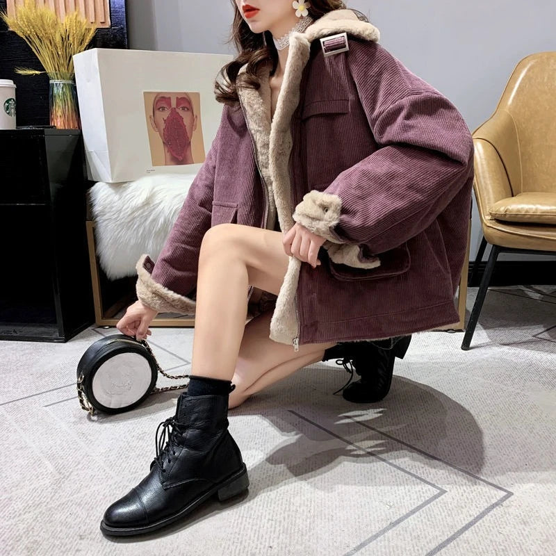 Women's Autumn Winter Casual Parkas Versatile Loose Short Thickened Warm Corduroy Cotton Clothes Trend Lamb Wool Tooling Jacket