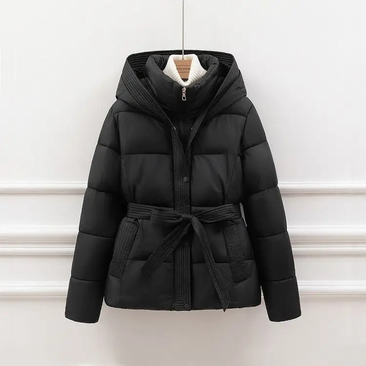 2025 New Winter Jacket Women Warm Parkas Long Sleeve Tops Casual Cotton Padded Jackets Belt Black Brown Hooded Outerwear Female