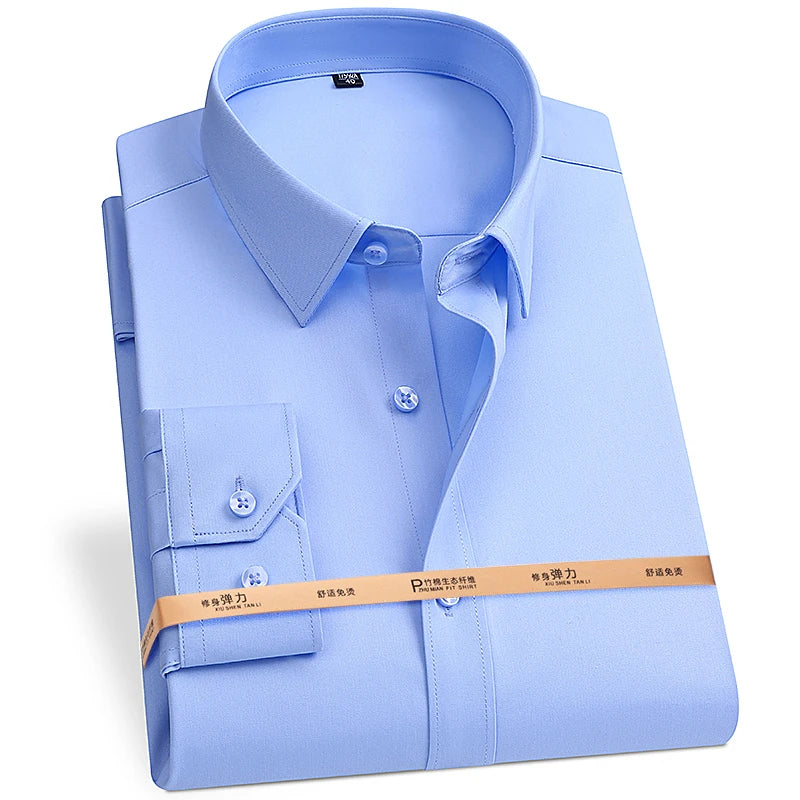 8XL Superfine Denier Bamboo Fiber Micro Elastic Formal Shirts for Men Plus Large Size Casual Slim Fit Long Sleeve Shirts for Men