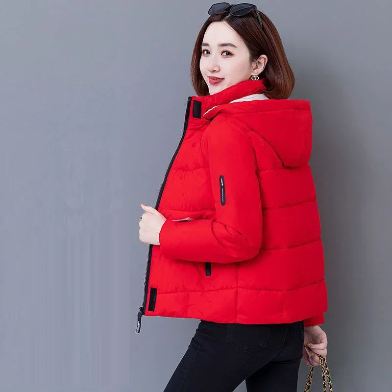 Thick Fleece Cotton Parkas Women Puffer Jacket Winter Fashion Warm Hooded Short Down Jacket Lady Casual Solid Zipper Padded Coat
