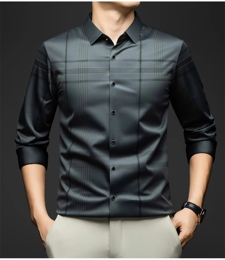 BROWON Formal Shirt Men 2025 Autumn New Long Sleeve Male Shirt Fashion Business Mulberry Silk Striped Shirts for Man Wear