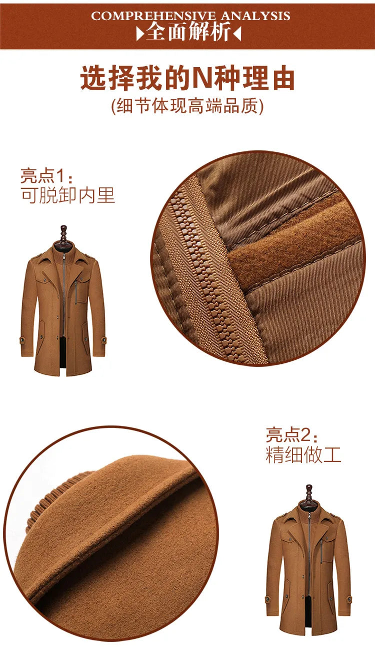 Men's Autumn Winter Fashion High-End Atmosphere Long Thickened Wool Overcoat Middle-Aged Men's Stylish Woolen Coat