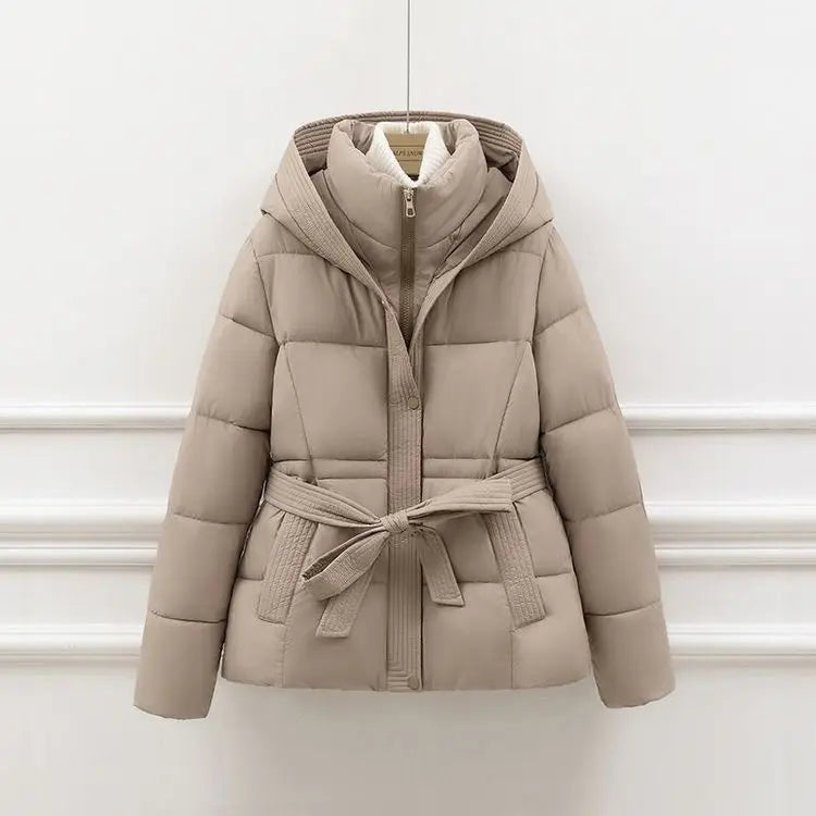2025 New Winter Jacket Women Warm Parkas Long Sleeve Tops Casual Cotton Padded Jackets Belt Black Brown Hooded Outerwear Female
