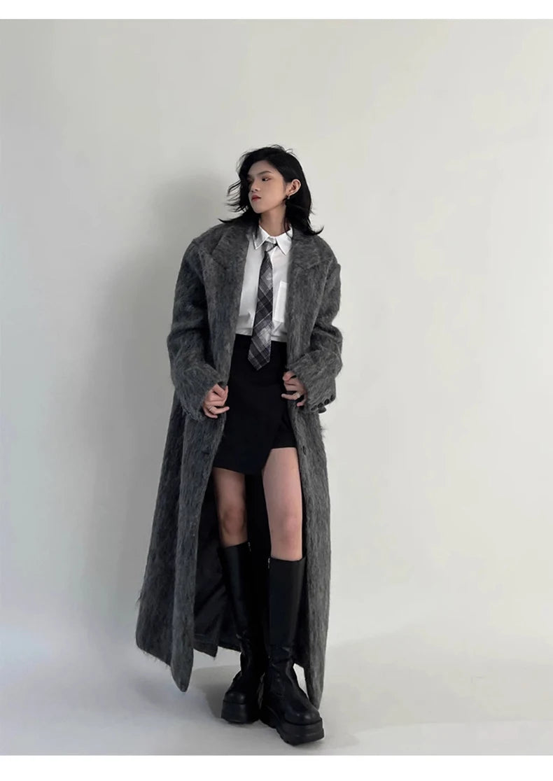 Lautaro Autumn Winter Clothes Women Oversized Extra Long Casual Warm Grey Wool & Blends Coat Women Maxi Fluffy Woolen Overcoat
