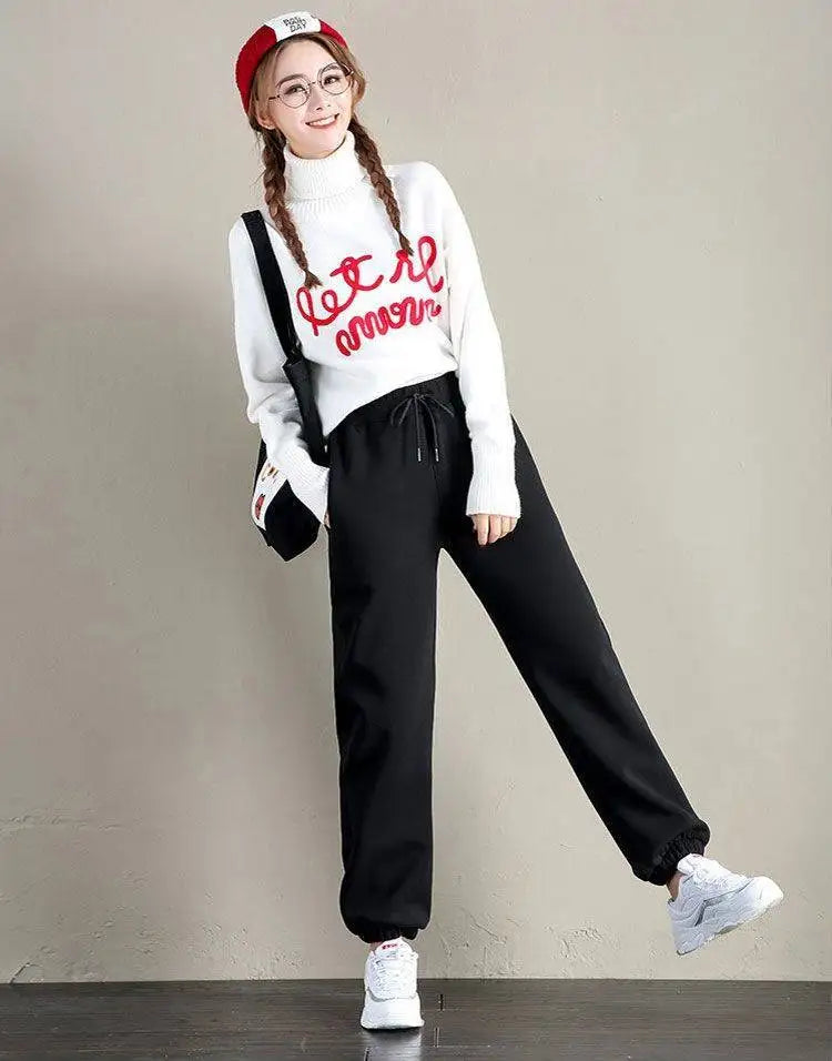 Women's Fleece Lined Joggers Winter Plush Pants High Waist Adjustable Drawstring Lounge Street Comfortable Casual Trousers
